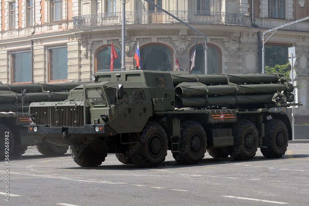Tornado-S multiple launch rocket systems on Tverskaya street during the dress rehearsal of the parade dedicated to the 75th anniversary of the Victory