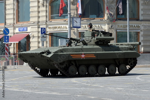 Upgraded infantry fighting vehicle BMP-2M on Tverskaya street during the dress rehearsal of the parade dedicated to the 75th anniversary of the Victory photo