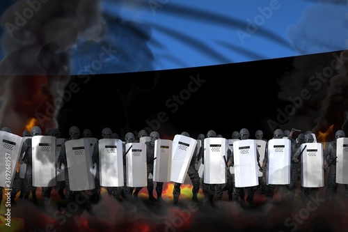 Estonia protest stopping concept, police guards in heavy smoke and fire protecting law against demonstration - military 3D Illustration on flag background