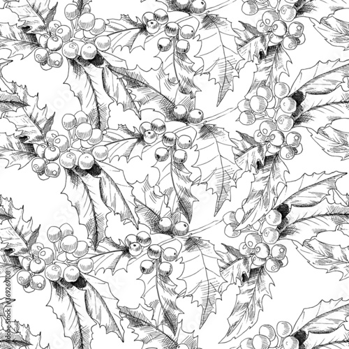 Seamless vector botanical pattern with hand-drawn holly branches. Spring leafy vintage floral background. Leaves and herbs. Background for textiles, fabrics, covers, wallpapers, print, wrapping gift