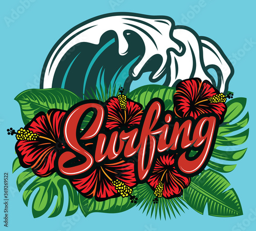 Vector color calligraphic inscription surfing with wave, palm leaves and hibiscus
