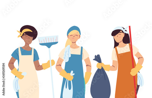 cleaning service team with gloves and cleaning utensils