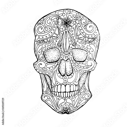 Doodle stylized black and white sugar skull, hand drawn ink monochrome, stock vector illustration