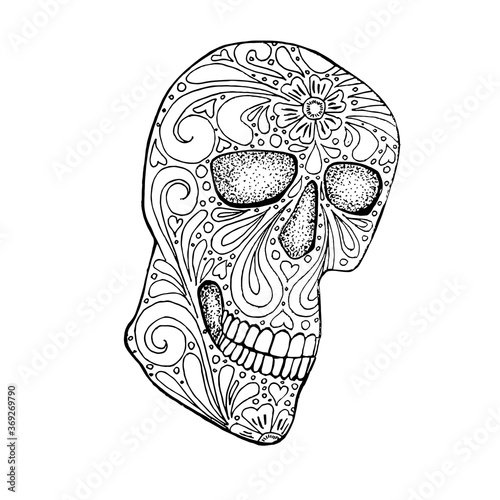 Doodle stylized black and white sugar skull, hand drawn ink monochrome, stock vector illustration