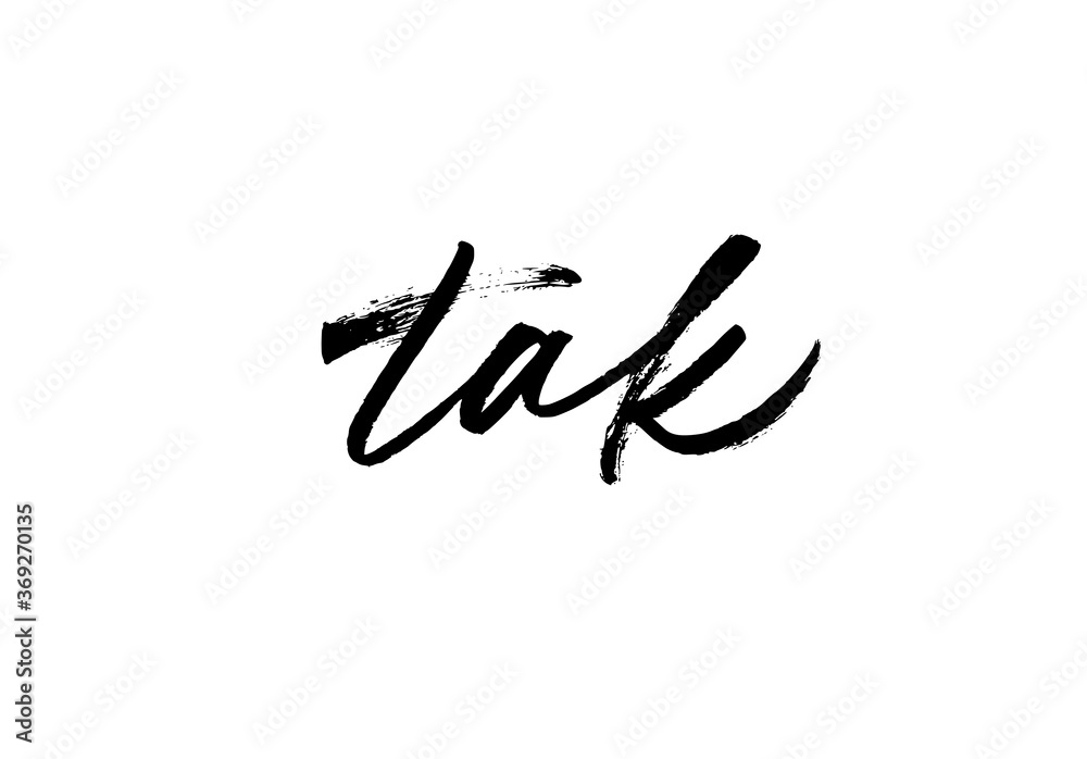 Tak ink brush vector lettering. Thank you in Norwegian. Modern phrase handwritten vector calligraphy. Black paint lettering isolated on white background. Postcard, greeting card, t shirt print. Tak ink brush vector lettering. Thank you in Norwegian. Modern phrase handwritten vector calligraphy. Black paint lettering isolated on white background. Postcard, greeting card, t shirt print.