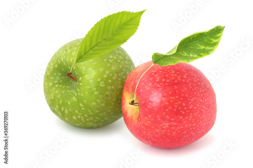 Red and green apples with leaves isolated on white