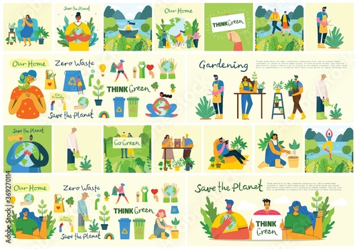 Set of eco save environment pictures. People taking care of planet collage. Zero waste, think green, save the planet, our home hand written text in the flat design
