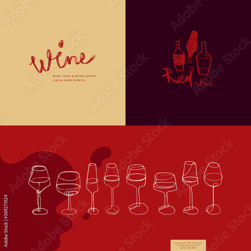 Vector wine emblems for restaurant logo design, bar sign, local wine events with wine glass icons in trendy line style. Winehouse symbol and winery insignia. Logotype and graphics for label, packaging
