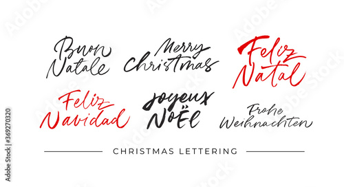 Merry Christmas calligraphy set in different languages: French, German, English, Portuguese, Italian, Spanish. Holidays vector black lettering for greeting cards, invitation, banner, poster, prints