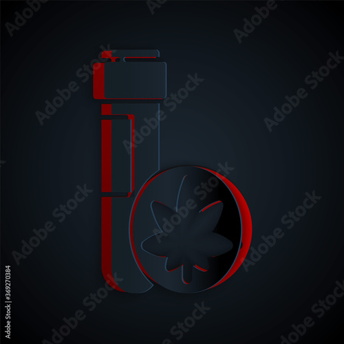 Paper cut Chemical test tube with marijuana or cannabis leaf icon isolated on black background. Research concept. Laboratory CBD oil. Paper art style. Vector Illustration.
