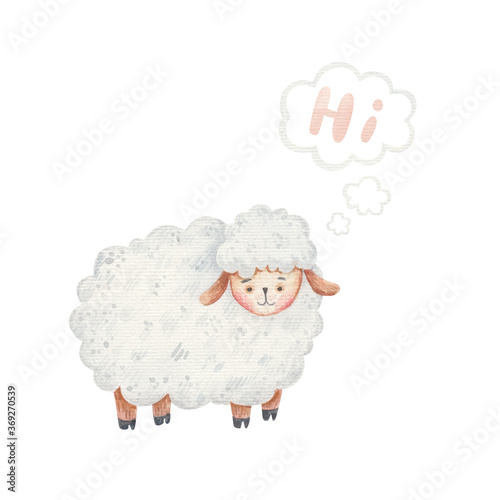 cute, curly lamb stands and says hello, count sheep before going to bed, children's watercolor illustration, children's design of cards, invitations