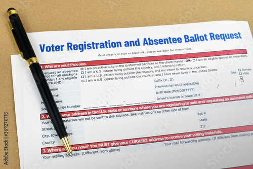 Mockup (print-out concept) of Vote Registration and Absentee Ballot Request application letter / form to vote by mail for election. photo