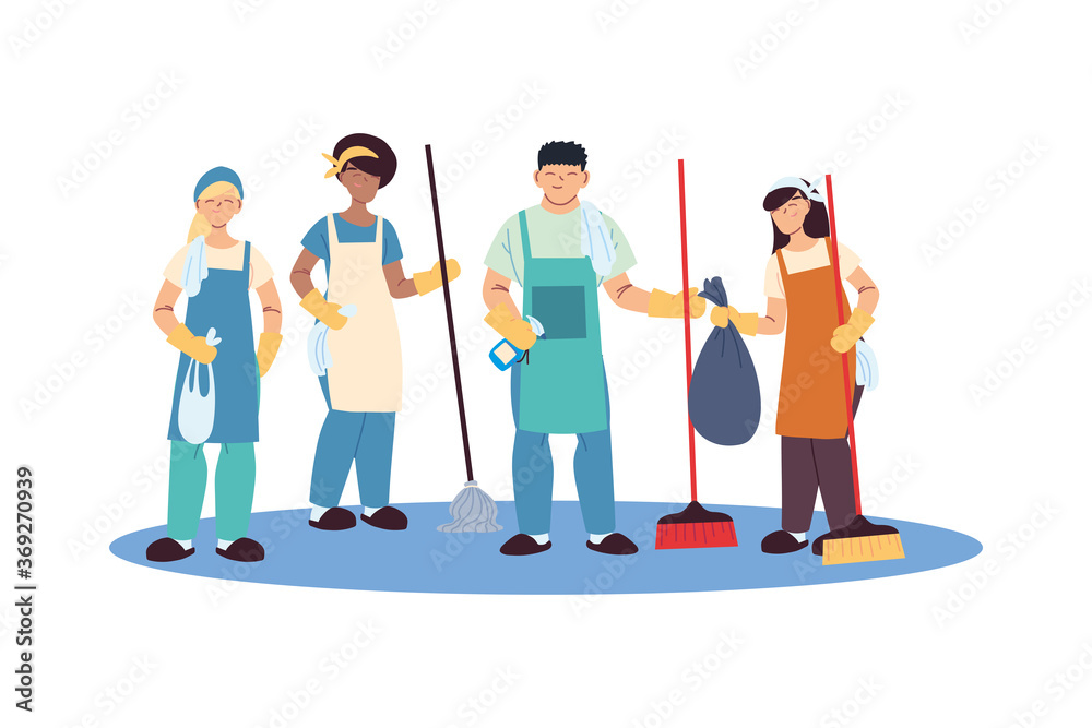 cleaning service team with gloves and cleaning utensils