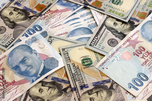 Fototapeta Naklejka Na Ścianę i Meble -  Turkish lira and American dollars 100 banknotes. Turk Lirasi TL