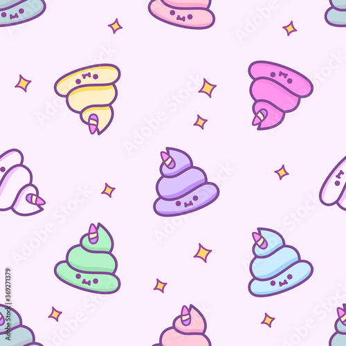 Seamless isolated pattern with cute kawaii poop with unicorn horn.Pastel colored child magic print on fabric, wrapping paper, textile, wallpaper. Vector cartoon doodle linear illustration