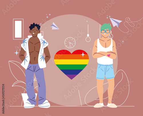 men cartoons with lgbti heart vector design