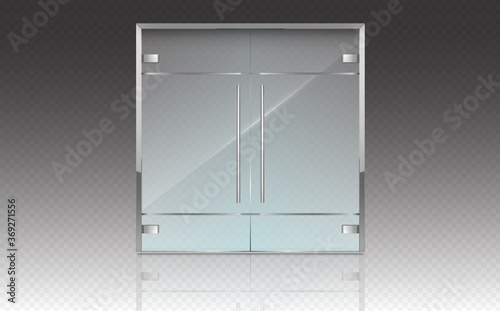 Double glass doors with metal frame and handles. Vector realistic mockup of closed doors isolated on transparent background. Glass gate, entrance in store, mall or office