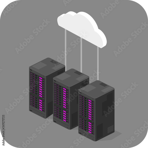 Isometric Servers Connected to The Cloud - Vector Icon Illustration
