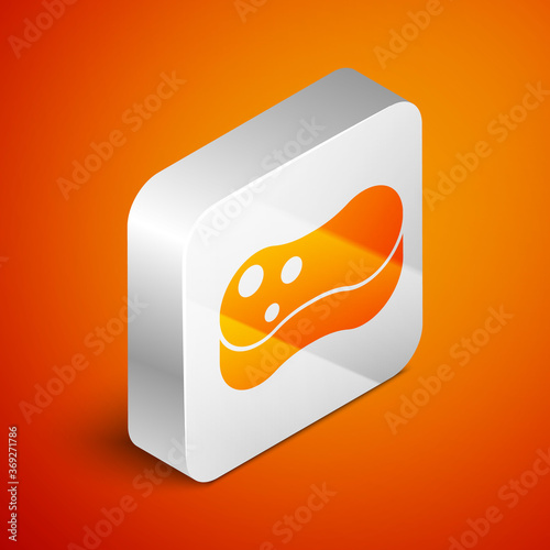 Isometric Sponge icon isolated on orange background. Wisp of bast for washing dishes. Cleaning service concept. Silver square button. Vector Illustration.
