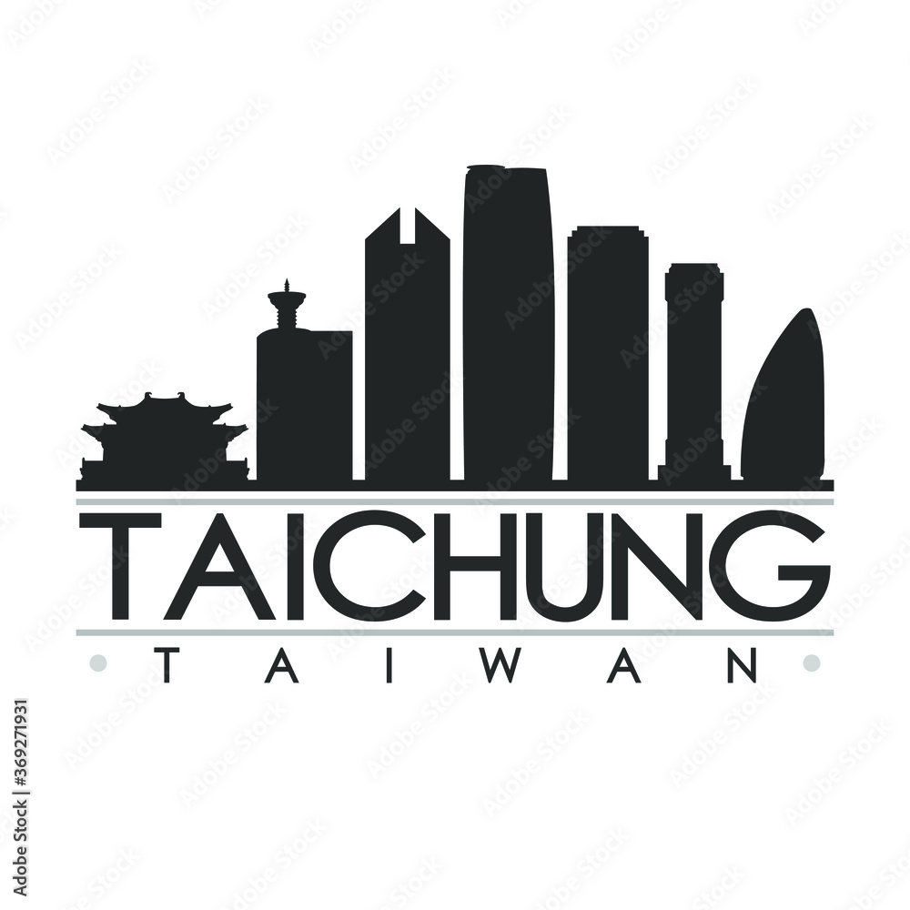 Fototapeta premium Taichung Taiwan Skyline Silhouette City. Cityscape Design Vector. Famous Monuments Tourism.