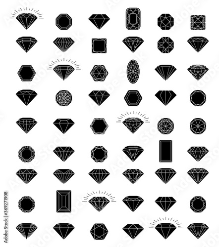 Set of black diamonds in a flat style isolated on white background. Jewels and diamonds collection. Line with Editable stroke
