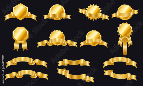 Golden ribbons labels and shields. Set of ribbons and labels. Wrapping gold banner ribbons. Gold sticker