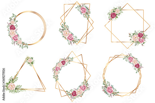 Botanical Gold geometrical polyhedron. Botanical Gold geometrical polyhedron, floral art deco style for wedding invitation cards, luxury templates