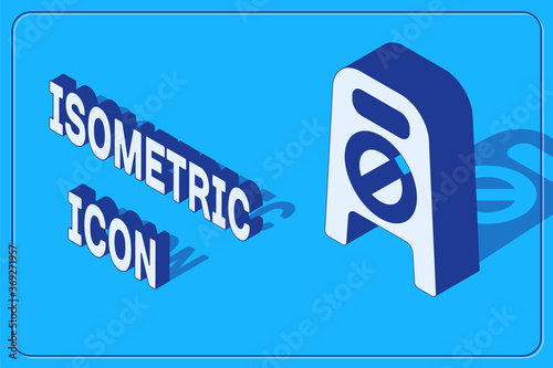 Isometric Wet floor and cleaning in progress icon isolated on blue background. Cleaning service concept. Vector Illustration.