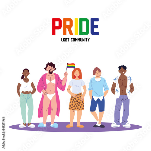women and men cartoons with lgbti pride word vector design