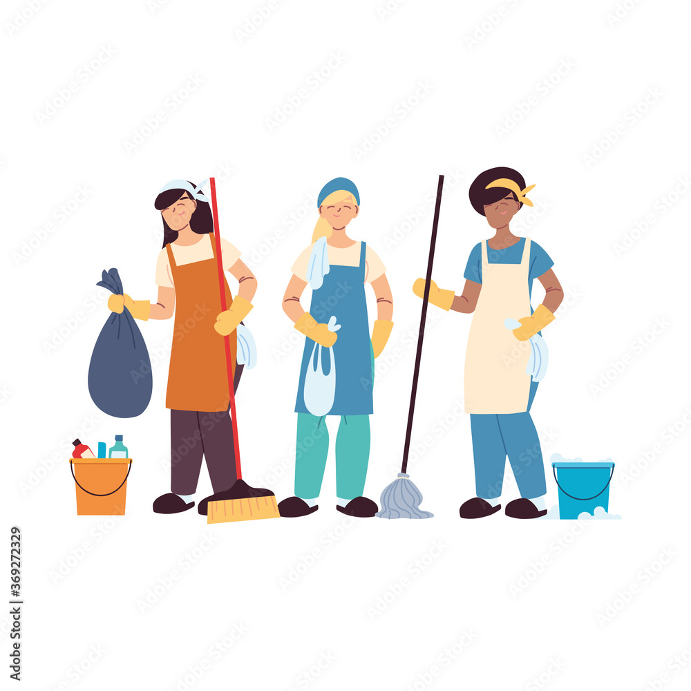 cleaning service team with gloves and cleaning utensils - obrazy, fototapety, plakaty 