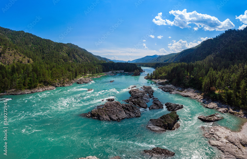 Aerial view of Katun river, in summer morning in Altai mountains, drone shot