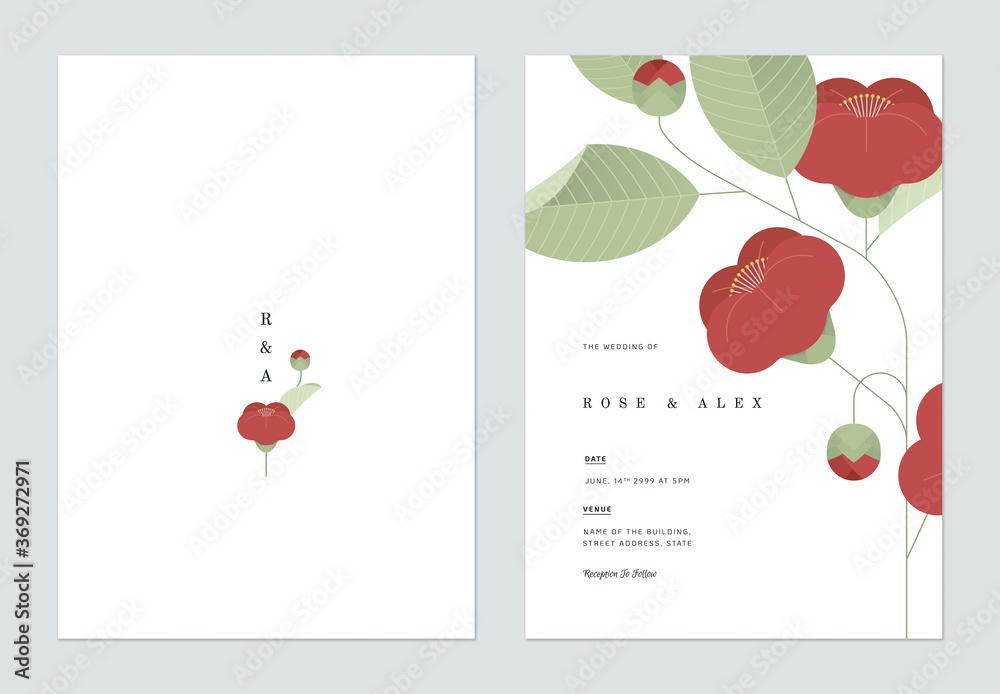 Floral wedding invitation card template design, red camellia flower and leaves - obrazy, fototapety, plakaty 