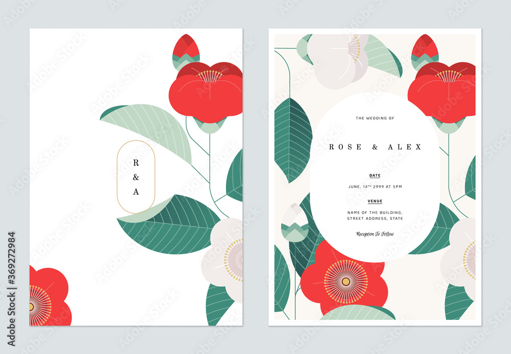 Floral wedding invitation card template design, red and white camellia flower and leaves