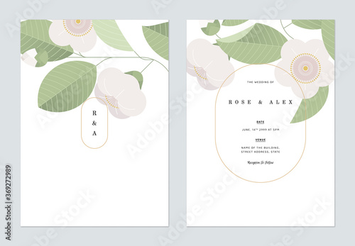 Floral wedding invitation card template design, white camellia flower and leaves