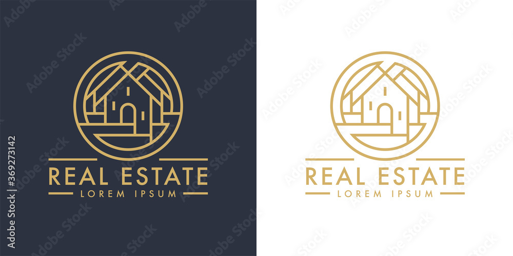 © JoelMasson - Real estate home logo line icon. Modern luxury villa house sign. Gold residential property development symbol. Concept realty agency housing company emblem. Vector illustration.