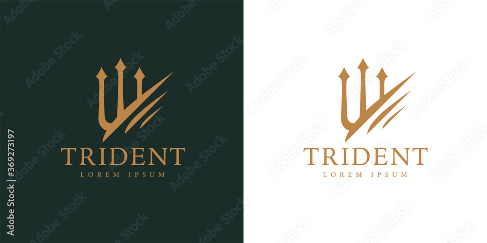 Gold trident logo icon. Premium corporate company brand identity emblem. Abstract forked spear sign. Devils pitchfork symbol. Vector illustration. - obrazy, fototapety, plakaty 
