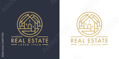 Real estate home logo line icon. Modern luxury villa house sign. Gold residential property development symbol. Concept realty agency housing company emblem. Vector illustration.