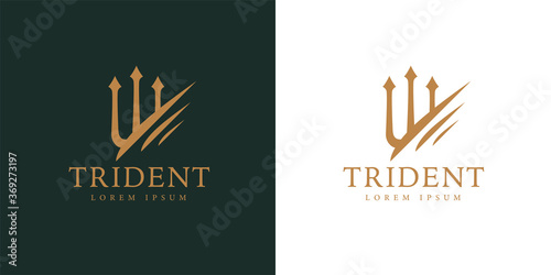 Gold trident logo icon. Premium corporate company brand identity emblem. Abstract forked spear sign. Devils pitchfork symbol. Vector illustration. photo