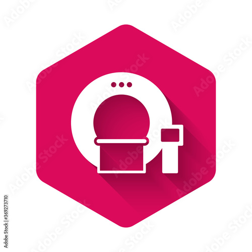 White Tomography icon isolated with long shadow. Medical scanner, radiation. Diagnosis, radiology, magnetic resonance therapy. Pink hexagon button. Vector Illustration.