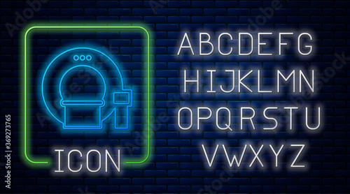 Glowing neon Tomography icon isolated on brick wall background. Medical scanner, radiation. Diagnosis, radiology, magnetic resonance therapy. Neon light alphabet. Vector Illustration.