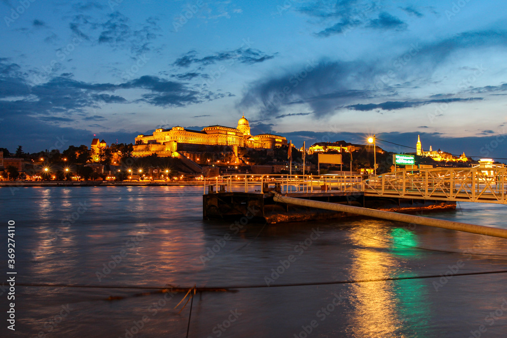Long exposure of Buda Castle at night, above the Danube River, in Budapest