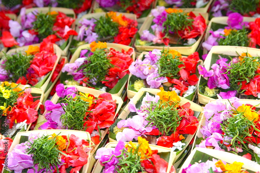 Traditional balinese offerings to gods in Bali with red, green and pink flowers and aromatic sticks, in Bali.