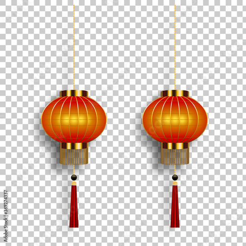 Realistic 3d Chinese lantern template. The Chinese holiday symbol culture. The bright paper lamp isolated on transparent background. Vector illustration design.