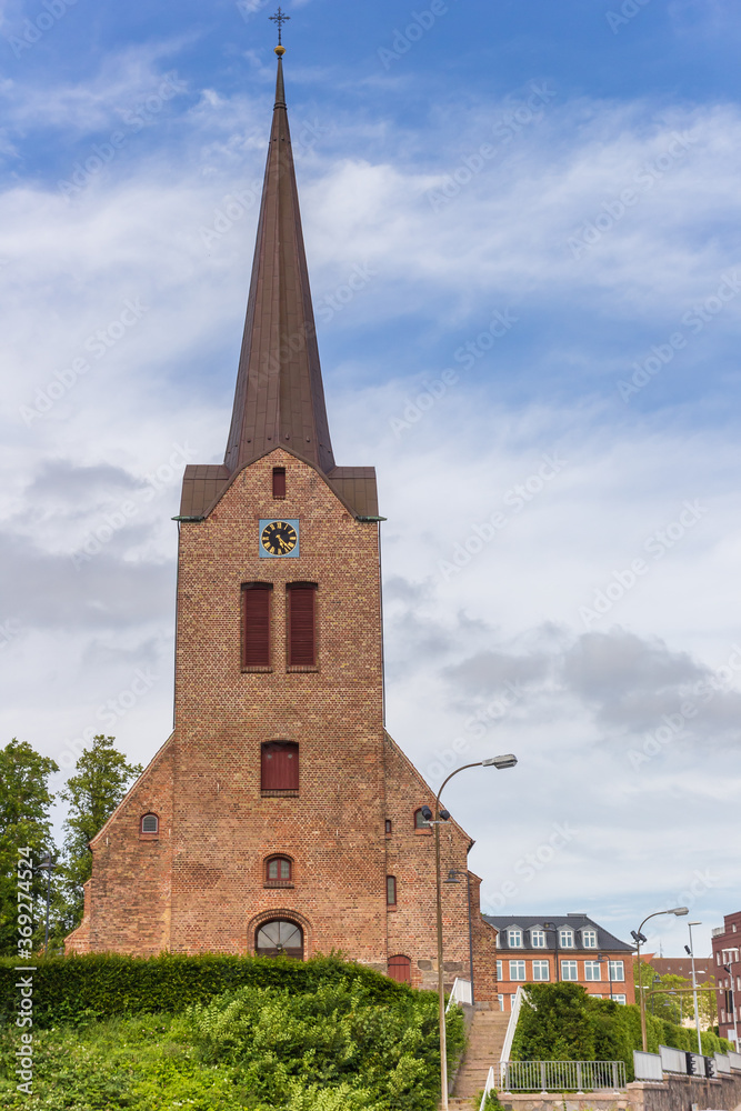 Tower of the Marie church in historic city Sonderborg, Denmark
