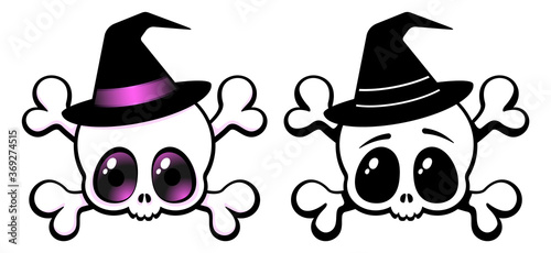 Cute cartoonish big eyed kawaii Witch skull Halloween illustration in vector format.