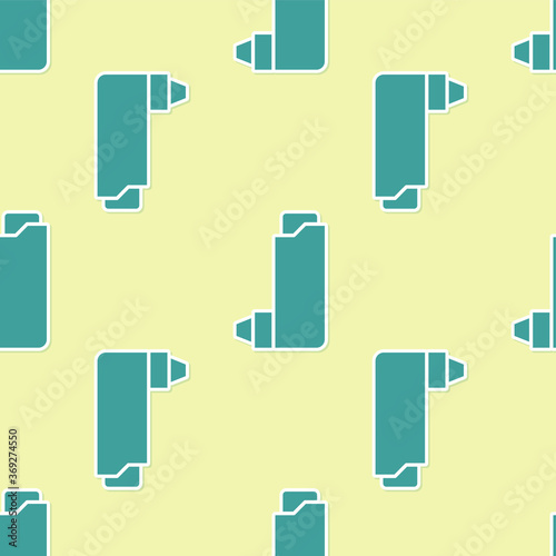 Green Inhaler icon isolated seamless pattern on yellow background. Breather for cough relief, inhalation, allergic patient. Vector Illustration.