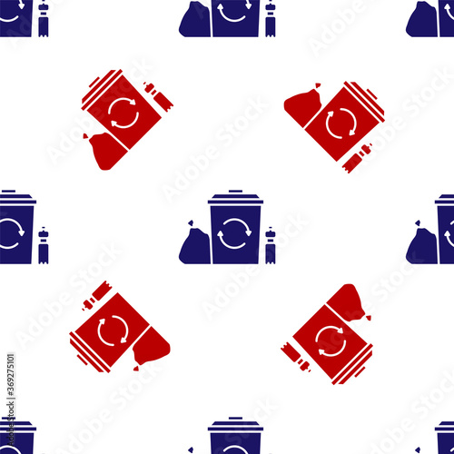 Blue and red Recycle bin with recycle symbol icon isolated seamless pattern on white background. Trash can icon. Garbage bin sign. Recycle basket. Vector Illustration.