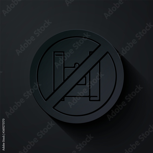 Paper cut Say no to plastic bags poster icon isolated on black background. Disposable cellophane and polythene package prohibition sign. Paper art style. Vector Illustration.