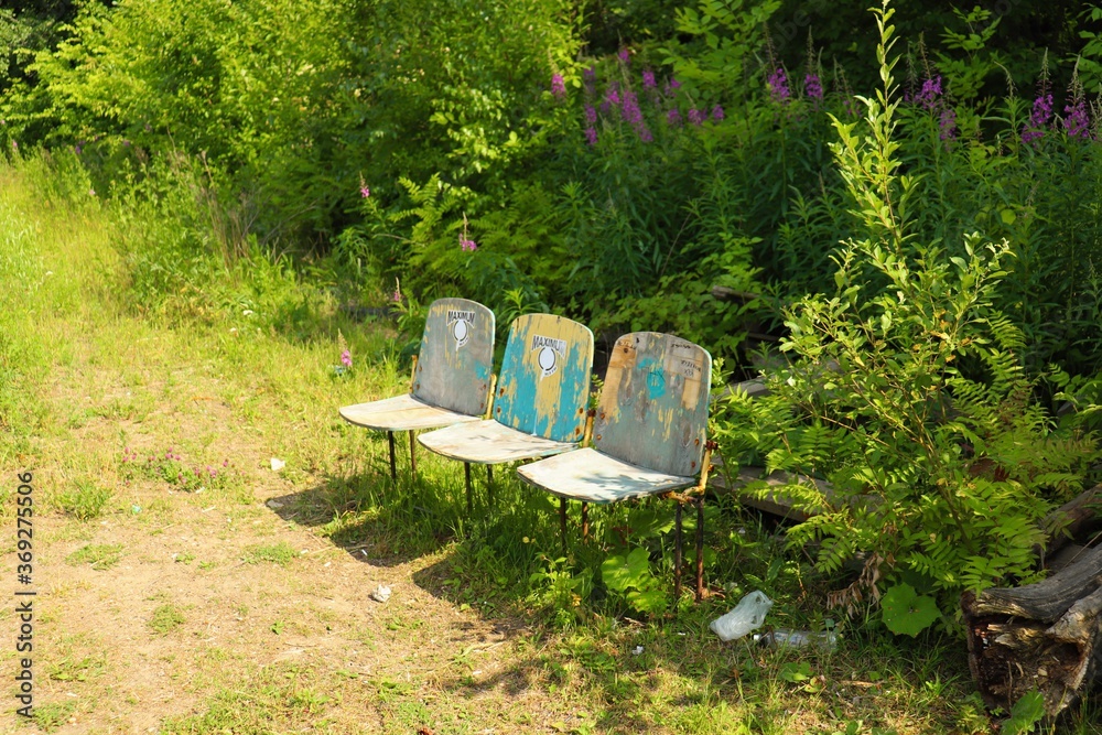 Three old wooden chairs in a meadow Three old wooden chairs in a meadow