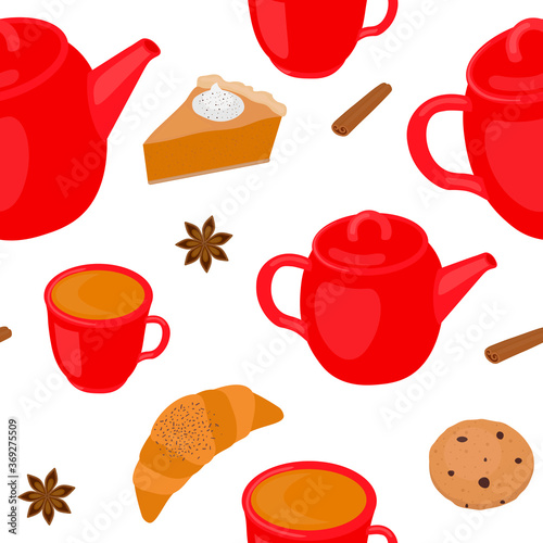 Seamless pattern teacup teapot pyrpog croissant cookies cinnamon vector illustration